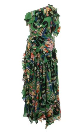 Green Floral Check-Print Ruffled Silk Gown Green Floral Check-Print Ruffled Silk Gown