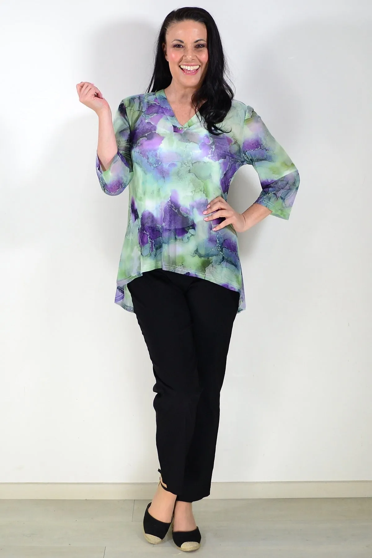 Green Purple Mesh Ladies Tunic Top