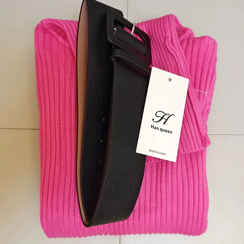 H Han Queen Knitted Bodycon Dress Bottoming Women Soft Elastic Turtleneck Sweater Autumn Winter Midi Party Dresses With Belt