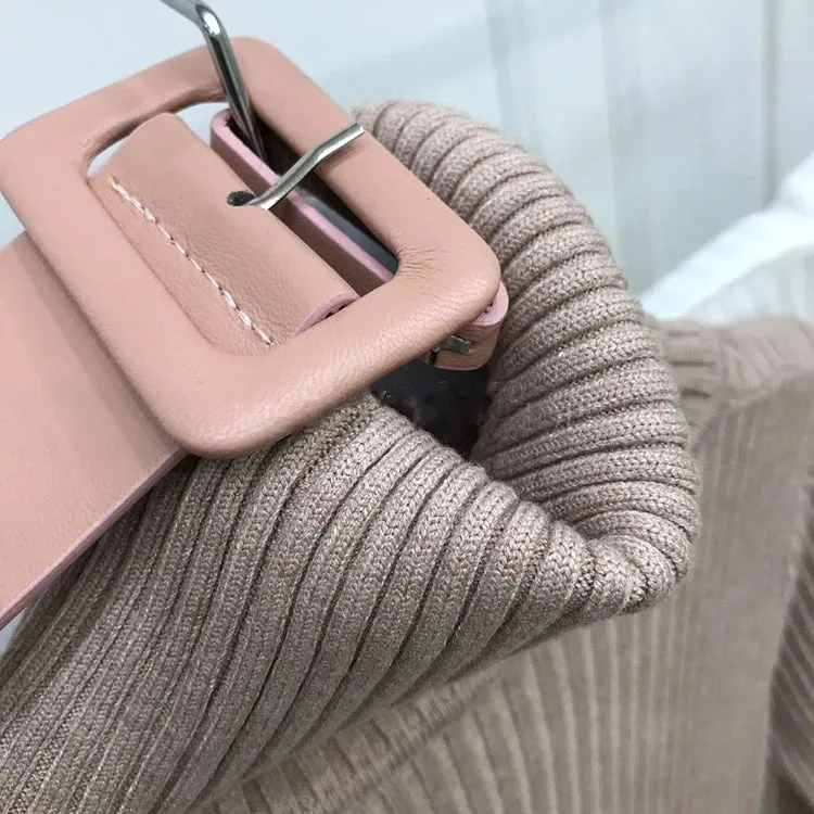 H Han Queen Knitted Turtleneck Sweater Bodycon Dress Bottoming Women Soft Elastic Autumn Winter Midi Party Dresses With Belt