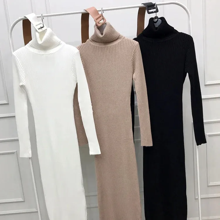 H Han Queen Knitted Turtleneck Sweater Bodycon Dress Bottoming Women Soft Elastic Autumn Winter Midi Party Dresses With Belt