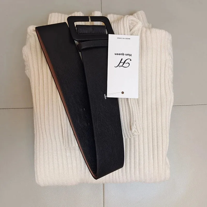 H Han Queen Knitted Turtleneck Sweater Bodycon Dress Bottoming Women Soft Elastic Autumn Winter Midi Party Dresses With Belt
