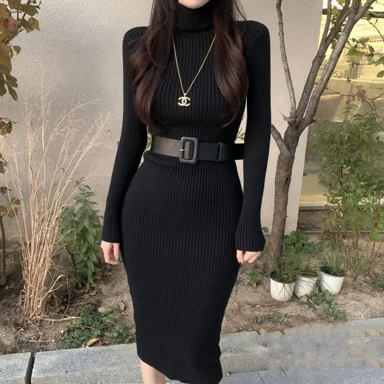 H Han Queen Knitted Turtleneck Sweater Bodycon Dress Bottoming Women Soft Elastic Autumn Winter Midi Party Dresses With Belt