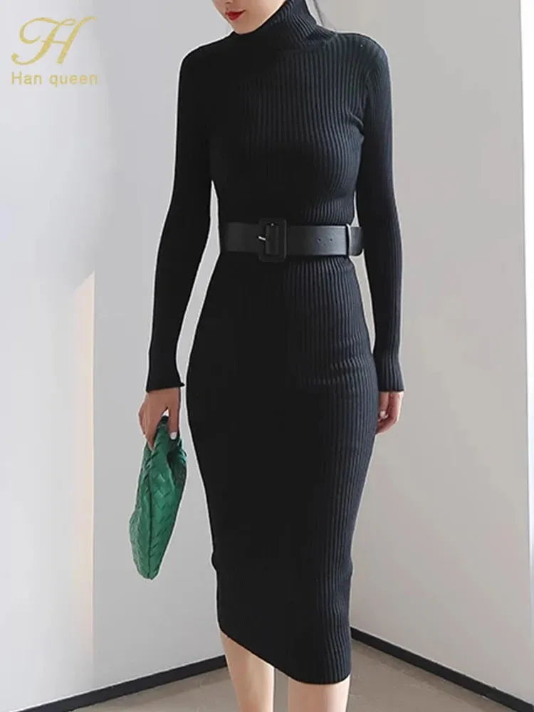 H Han Queen Knitted Turtleneck Sweater Bodycon Dress Bottoming Women Soft Elastic Autumn Winter Midi Party Dresses With Belt