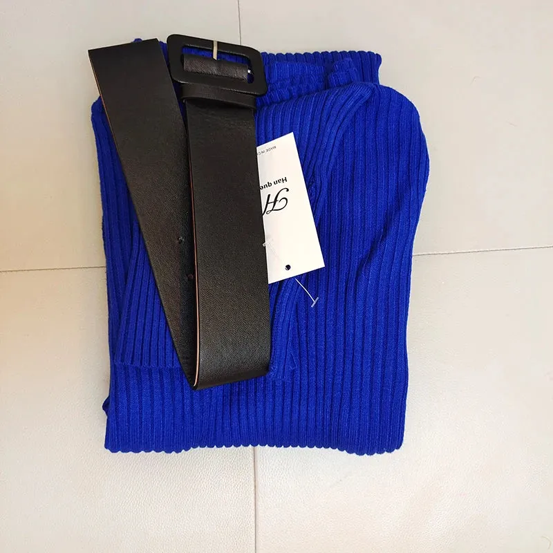 H Han Queen Knitted Turtleneck Sweater Bodycon Dress Bottoming Women Soft Elastic Autumn Winter Midi Party Dresses With Belt