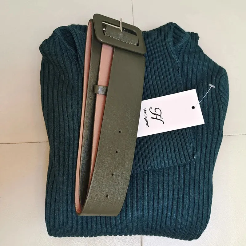H Han Queen Knitted Turtleneck Sweater Bodycon Dress Bottoming Women Soft Elastic Autumn Winter Midi Party Dresses With Belt