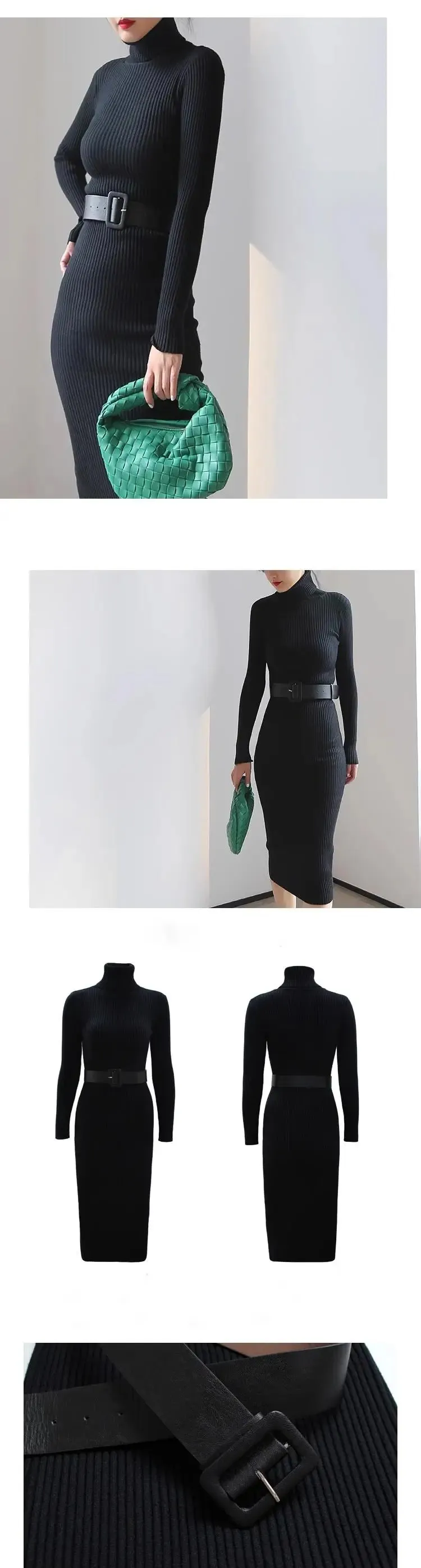 H Han Queen Knitted Turtleneck Sweater Bodycon Dress Bottoming Women Soft Elastic Autumn Winter Midi Party Dresses With Belt