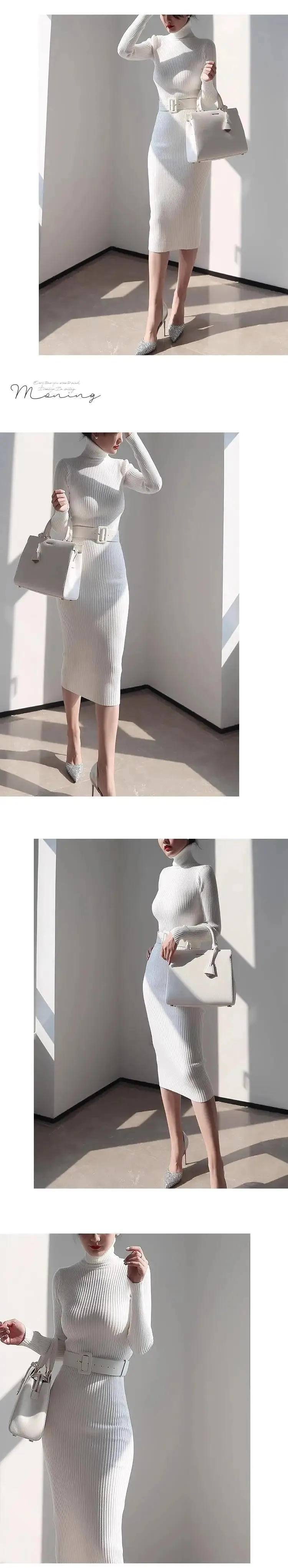 H Han Queen Knitted Turtleneck Sweater Bodycon Dress Bottoming Women Soft Elastic Autumn Winter Midi Party Dresses With Belt