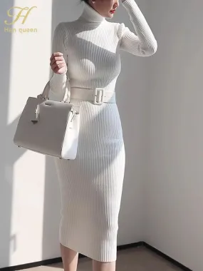H Han Queen Knitted Turtleneck Sweater Bodycon Dress Bottoming Women Soft Elastic Autumn Winter Midi Party Dresses With Belt H Han Queen Knitted Turtleneck Sweater Bodycon Dress Bottoming Women Soft Elastic Autumn Winter Midi Party Dresses With Belt