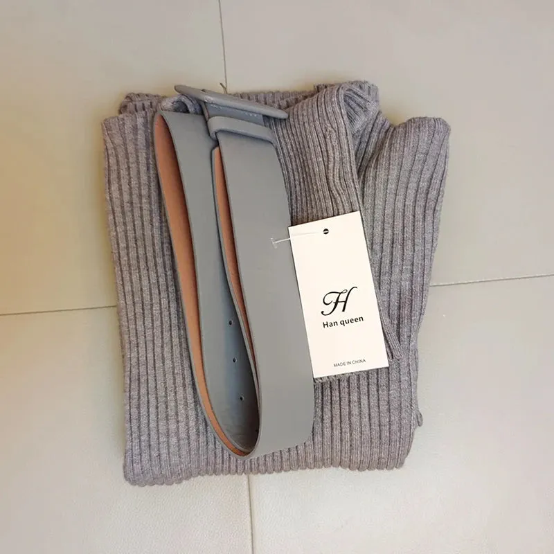 H Han Queen Knitted Turtleneck Sweater Bodycon Dress Bottoming Women Soft Elastic Autumn Winter Midi Party Dresses With Belt