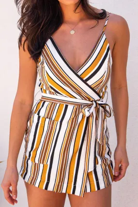 Havana Mustard Striped Tie-Front Romper Havana Mustard Striped Tie-Front Romper
