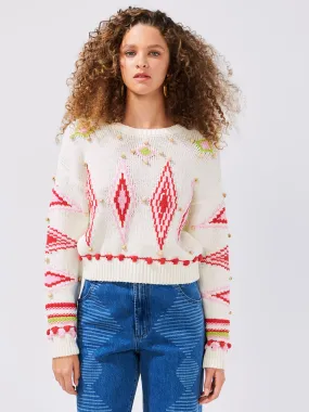 Intarsia Diamond Beaded Cotton Jumper White Intarsia Diamond Beaded Cotton Jumper White