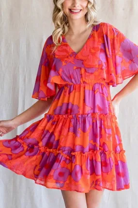 Isabella Floral Print Chiffon Short Bell Sleeve Dress- Burnt Orange Isabella Floral Print Chiffon Short Bell Sleeve Dress- Burnt Orange