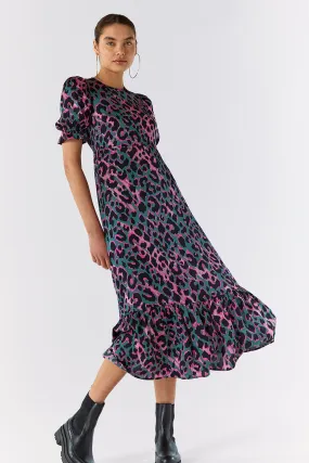 Khaki with Pink and Black Shadow Leopard Flute Sleeve Midi Dress Khaki with Pink and Black Shadow Leopard Flute Sleeve Midi Dress