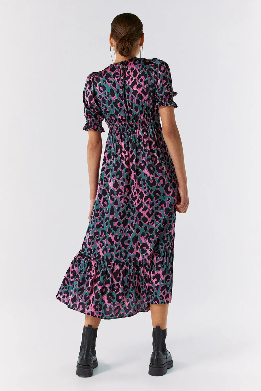 Khaki with Pink and Black Shadow Leopard Flute Sleeve Midi Dress