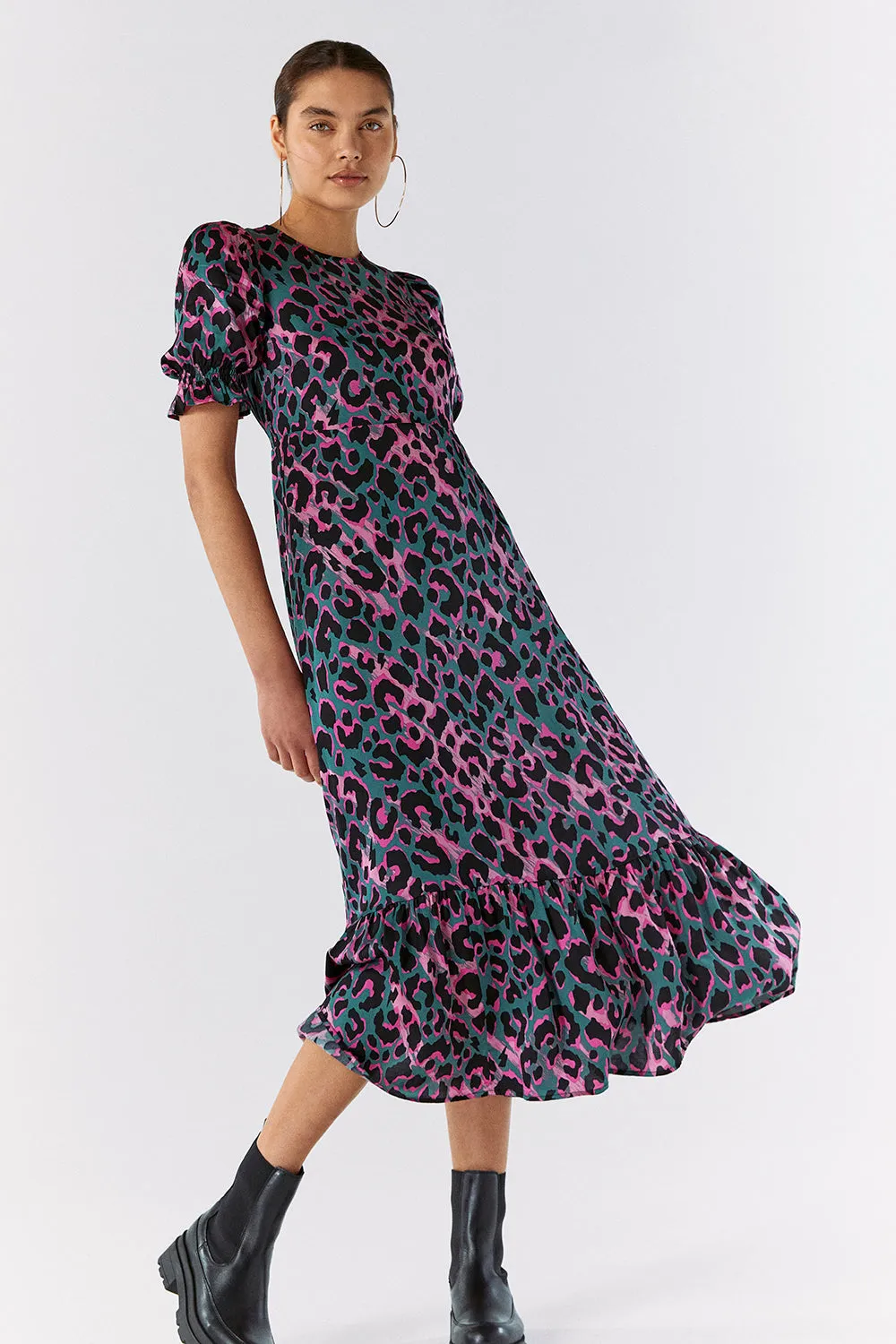 Khaki with Pink and Black Shadow Leopard Flute Sleeve Midi Dress