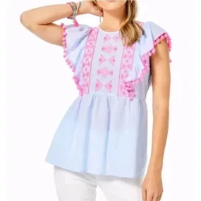 Lilly Pulitzer Raquelle top in Bluebell Blue Swiss Dot Dobby Chambray Lilly Pulitzer Raquelle top in Bluebell Blue Swiss Dot Dobby Chambray