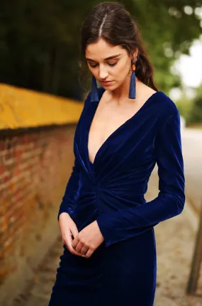 Low V Neck Gown with Long Sleeve and Handtuck Detail Low V Neck Gown with Long Sleeve and Handtuck Detail