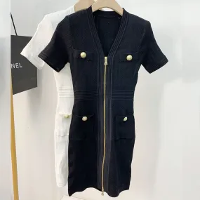 Luxury Gold Buttons Knitted Dresses for Women 2022 Summer Korean Fashion Zipper Slim Dress White Black Vestido Feminino Luxury Gold Buttons Knitted Dresses for Women 2022 Summer Korean Fashion Zipper Slim Dress White Black Vestido Feminino