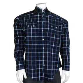 Men's Navy & Light Blue Extra-Fine Pima Cotton Windowpane Plaid Western Shirt Men's Navy & Light Blue Extra-Fine Pima Cotton Windowpane Plaid Western Shirt