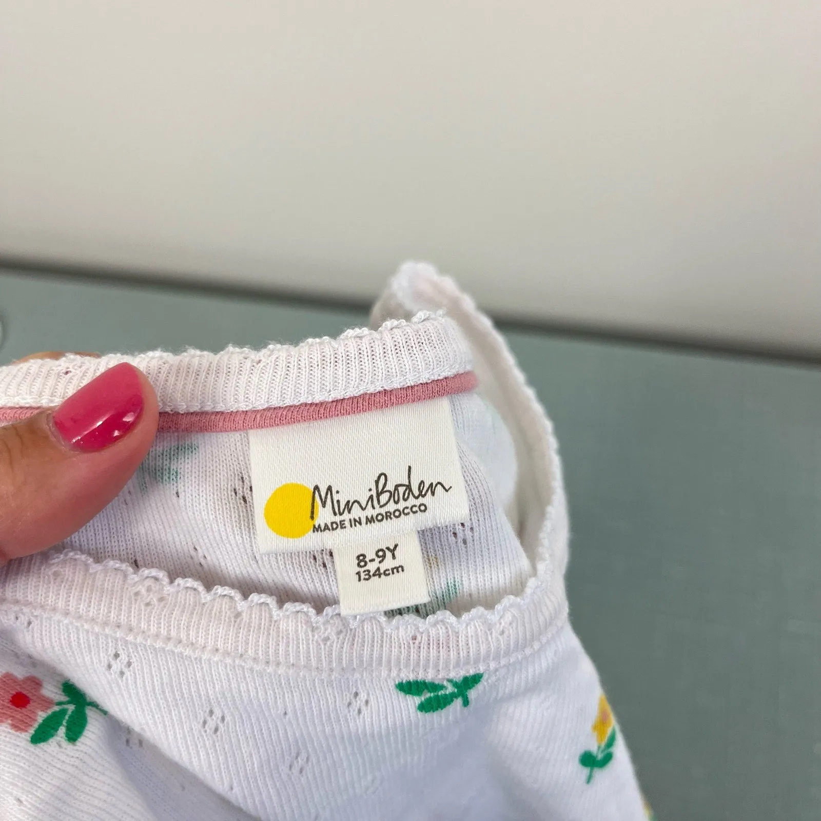 Mini Boden Short Sleeve White Pointelle Top White Flowers 8-9