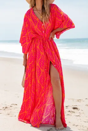 Orange Leafy Print 3/4 Sleeve V Neck Buttoned Split Maxi Dress Orange Leafy Print 3/4 Sleeve V Neck Buttoned Split Maxi Dress