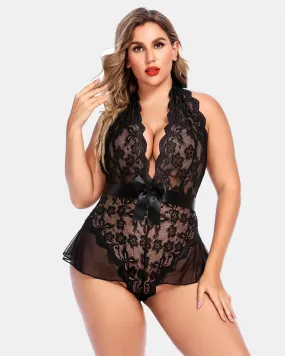 Plus Size Halter Deep V Neck Lace Bodysuit Plus Size Halter Deep V Neck Lace Bodysuit