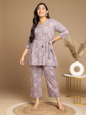 Plus Size Light Blue Cotton Floral A-Line Co-ord Set Plus Size Light Blue Cotton Floral A-Line Co-ord Set