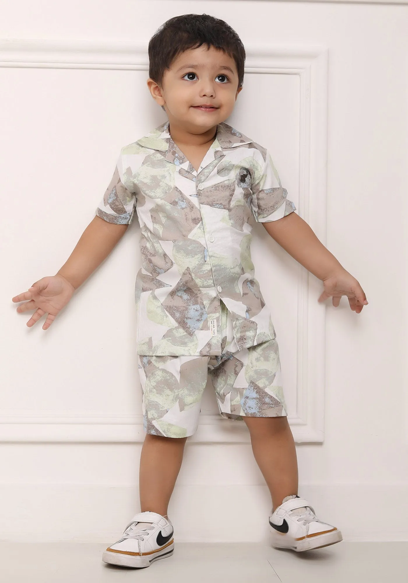 Polka Tots Cotton Half Sleeves Shirt With Shorts/Co-ord - White