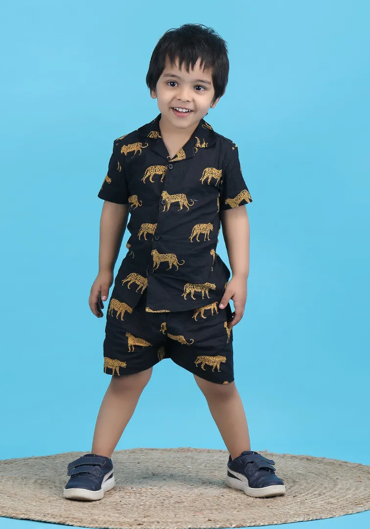 Polka Tots Half Sleeves Leopard print Co-ord Shorts - Black