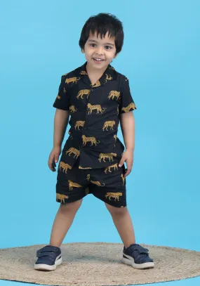 Polka Tots Half Sleeves Leopard print Co-ord Shorts - Black Polka Tots Half Sleeves Leopard print Co-ord Shorts - Black