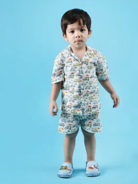 Polka Tots Half Sleeves Vehicle print Co-ord set - White Polka Tots Half Sleeves Vehicle print Co-ord set - White