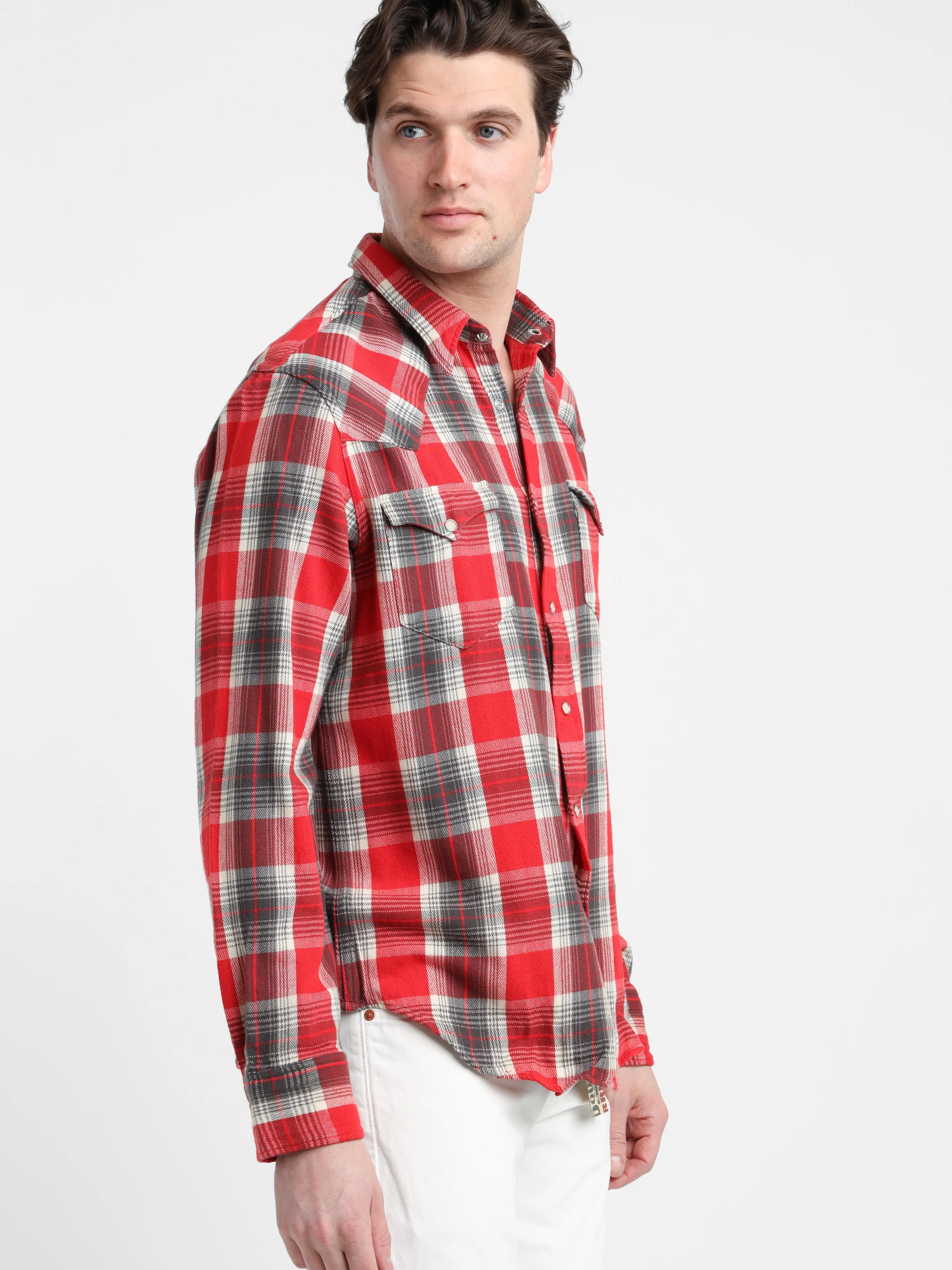 Red/Grey Slim Fit Plaid Twill Western Shirt
