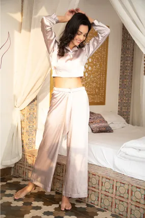 Relaxation All - Day & party all night long crop top flare pant swanky night suit in satin Relaxation All - Day & party all night long crop top flare pant swanky night suit in satin