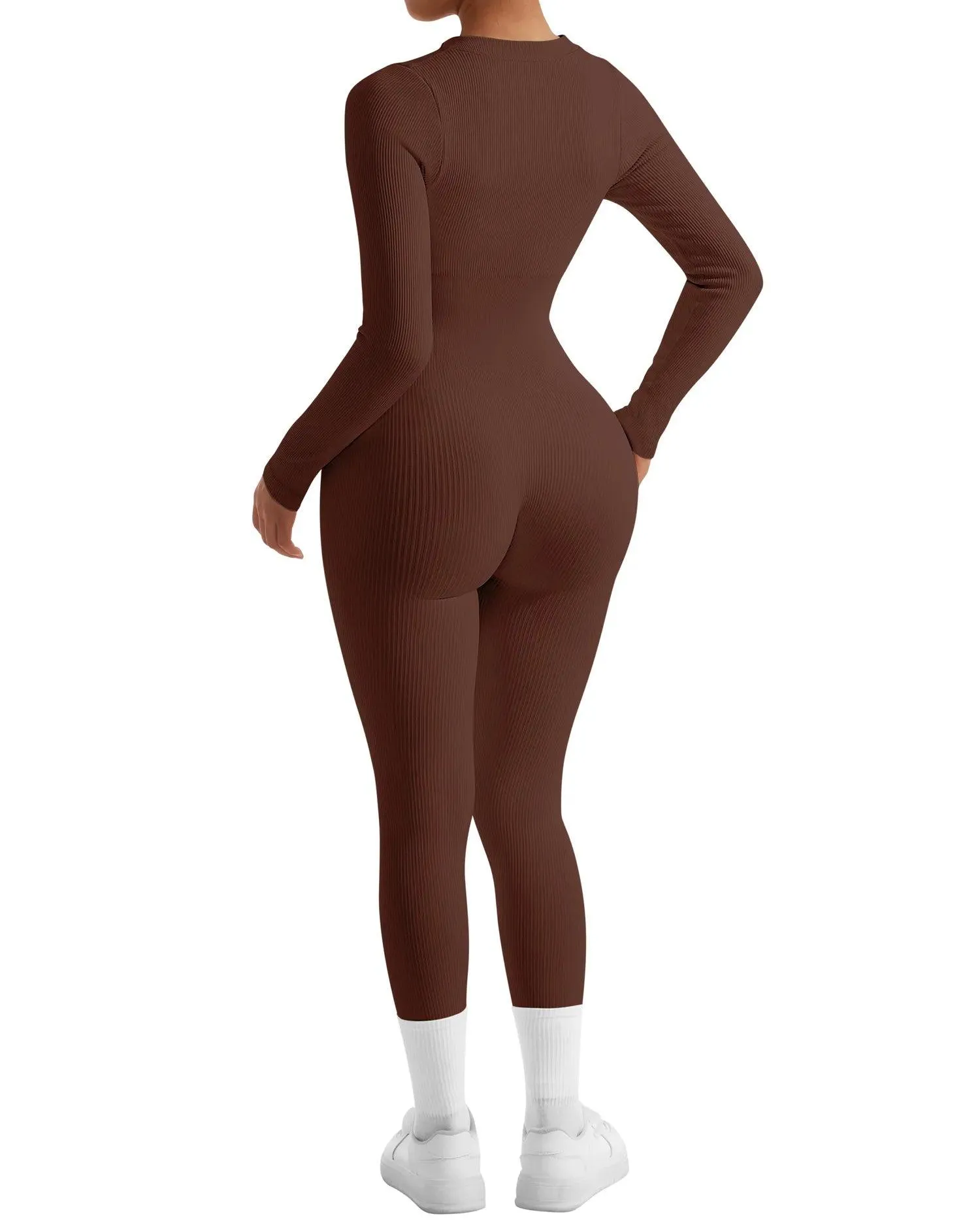 Ribbed Zip-Up Jumpsuit - Long Sleeve