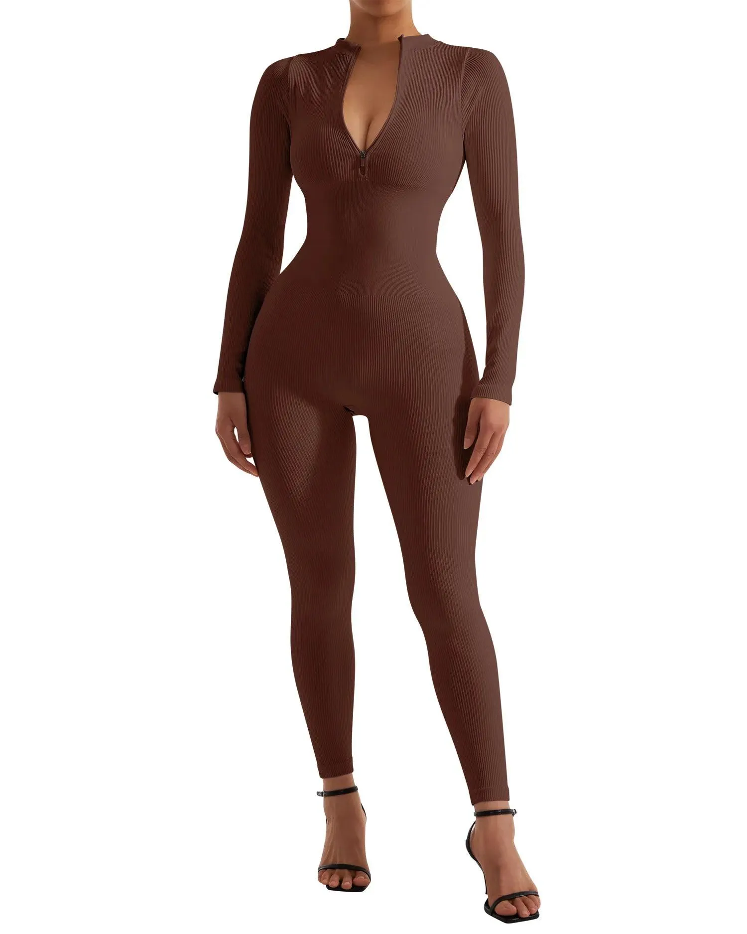 Ribbed Zip-Up Jumpsuit - Long Sleeve