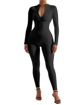 Ribbed Zip-Up Jumpsuit - Long Sleeve Ribbed Zip-Up Jumpsuit - Long Sleeve
