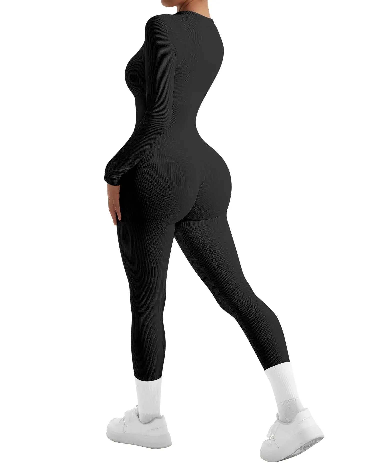 Ribbed Zip-Up Jumpsuit - Long Sleeve