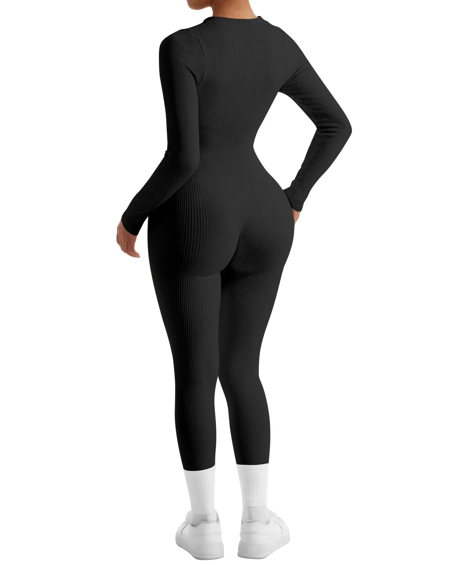 Ribbed Zip-Up Jumpsuit - Long Sleeve