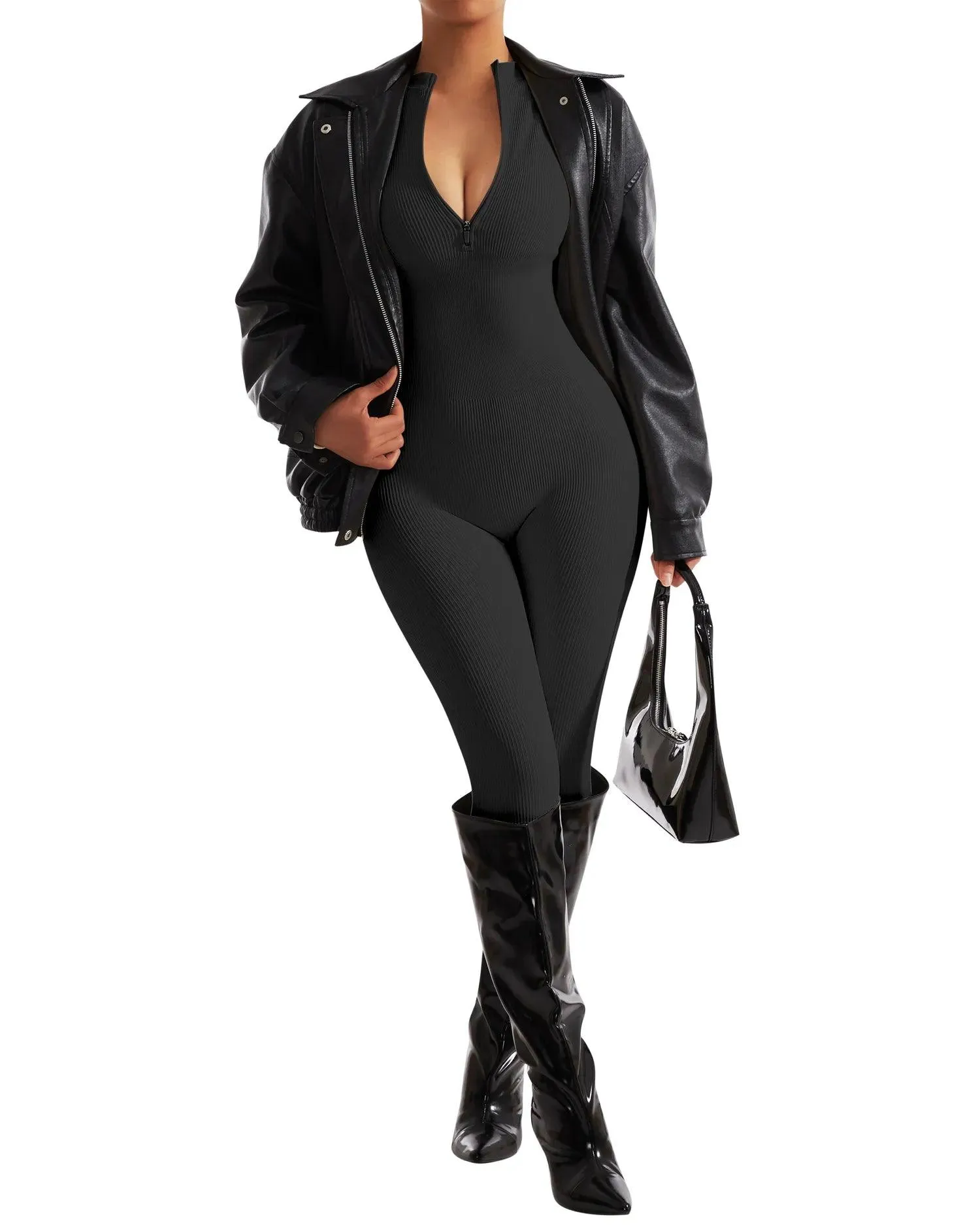 Ribbed Zip-Up Jumpsuit - Long Sleeve