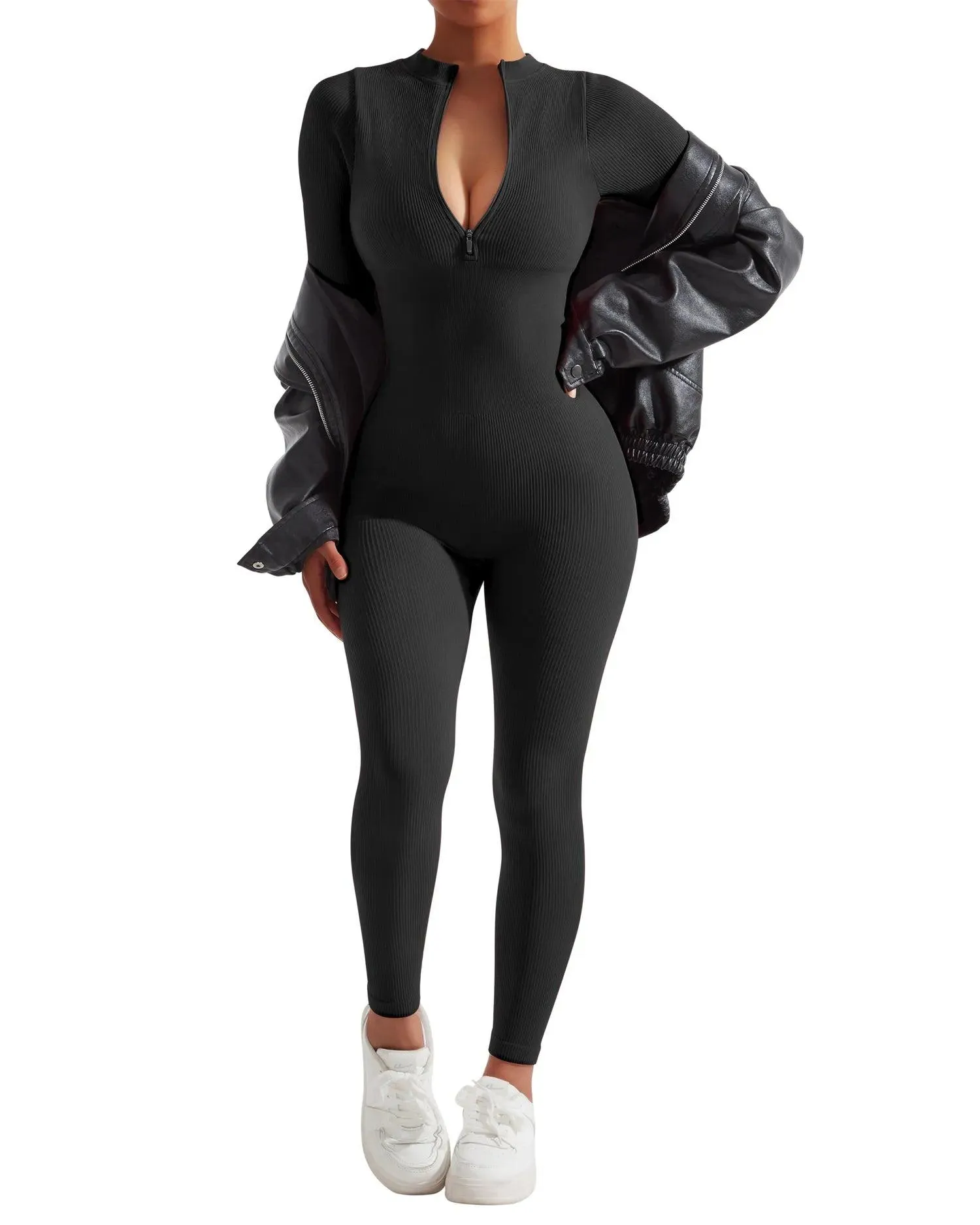 Ribbed Zip-Up Jumpsuit - Long Sleeve