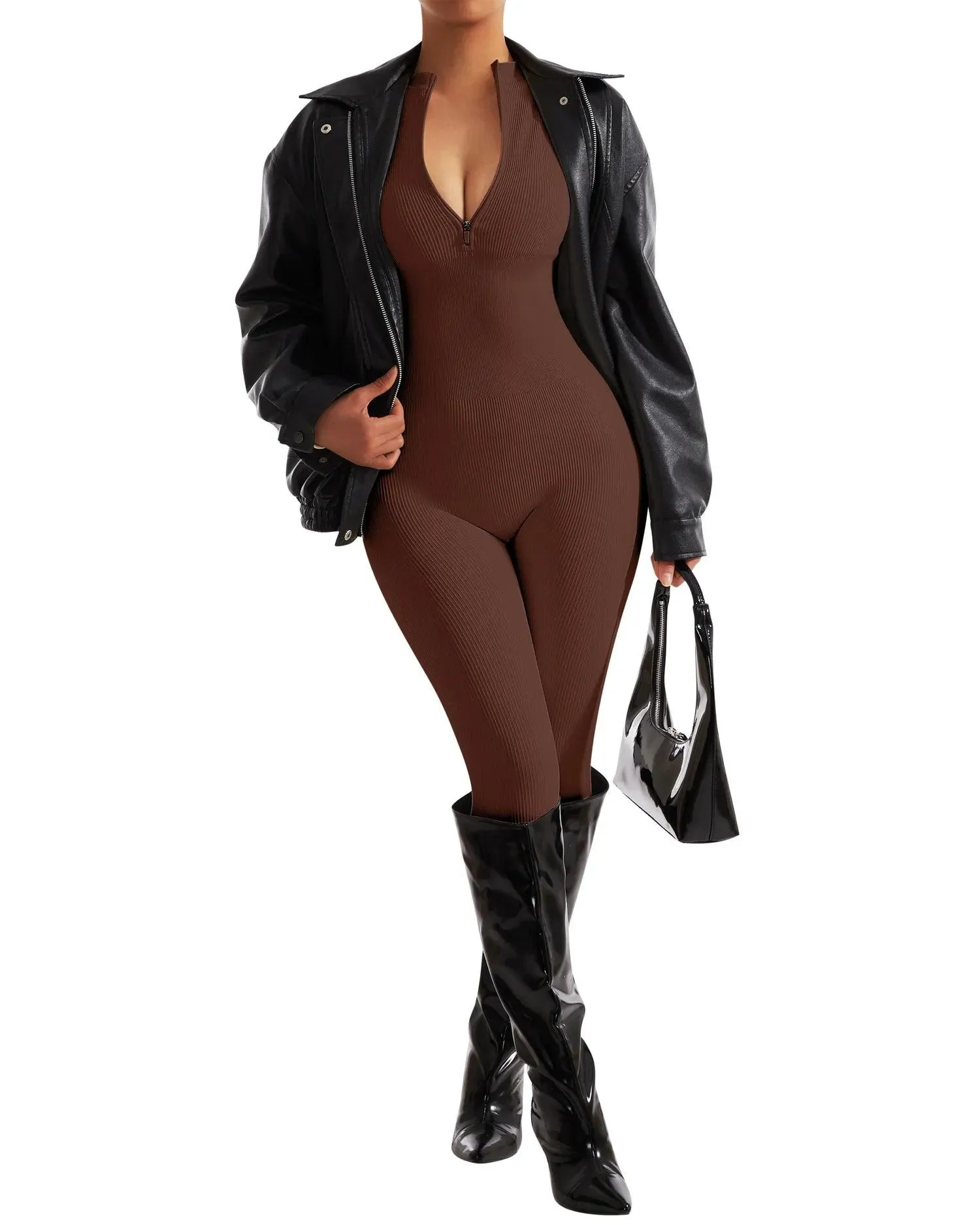 Ribbed Zip-Up Jumpsuit - Long Sleeve