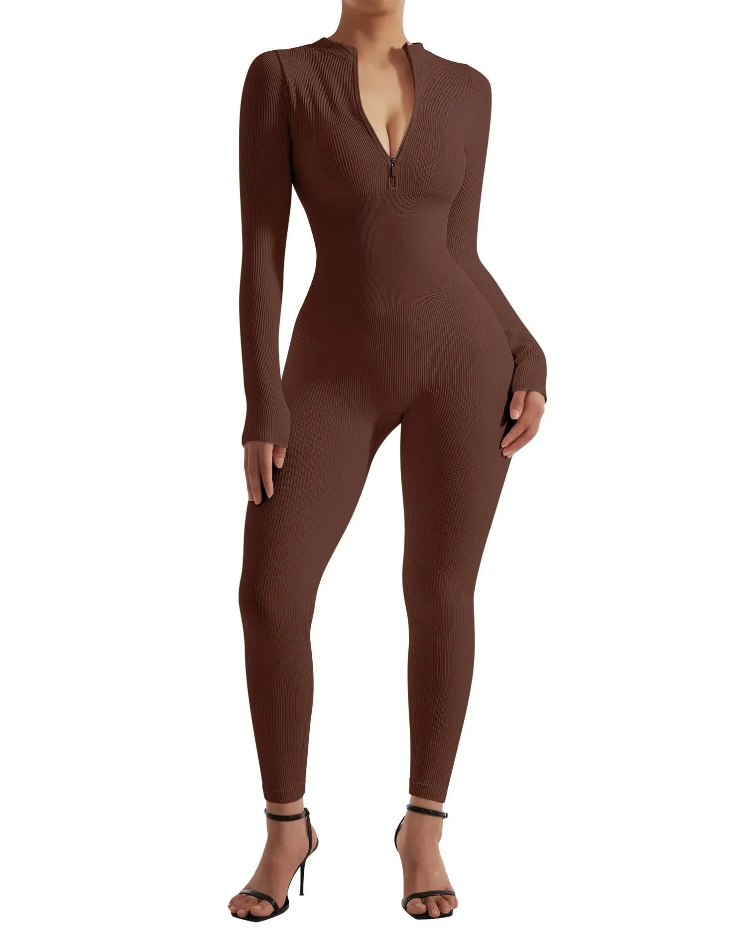 Ribbed Zip-Up Jumpsuit - Long Sleeve