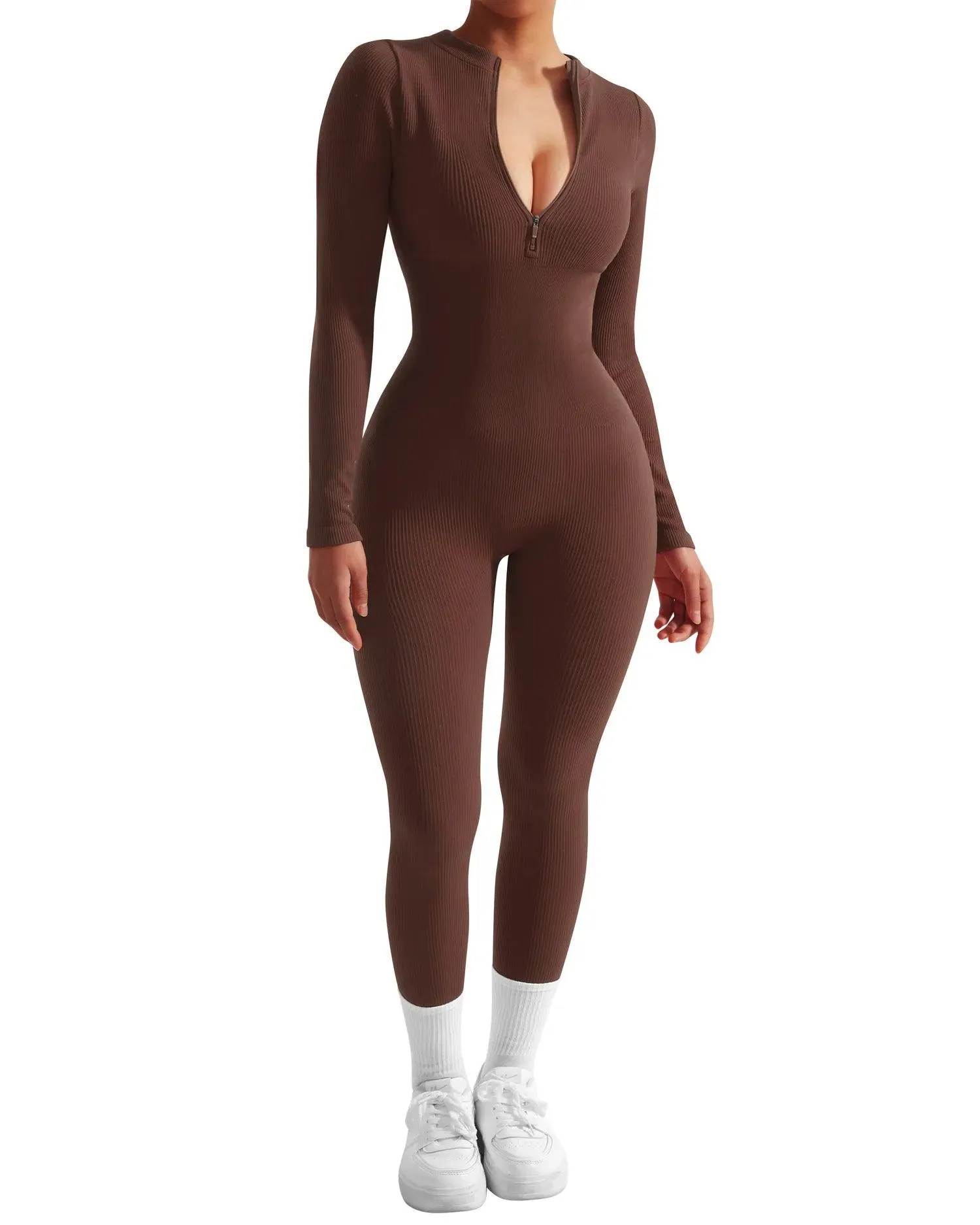 Ribbed Zip-Up Jumpsuit - Long Sleeve