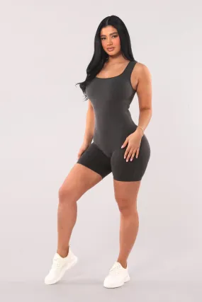 Seamless Rib Knit Romper Bodysuit - Heather Charcoal Seamless Rib Knit Romper Bodysuit - Heather Charcoal