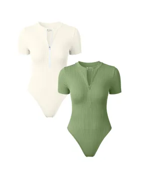 Short Sleeve Crew Neck Front Zips  Bodysuits Short Sleeve Crew Neck Front Zips  Bodysuits