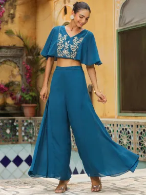 Teal Blue Georgette Yoke Embroidered Co-Ord Set Teal Blue Georgette Yoke Embroidered Co-Ord Set