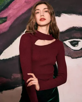 The Wine Red Slim-Fitting Cutout Knit Top The Wine Red Slim-Fitting Cutout Knit Top