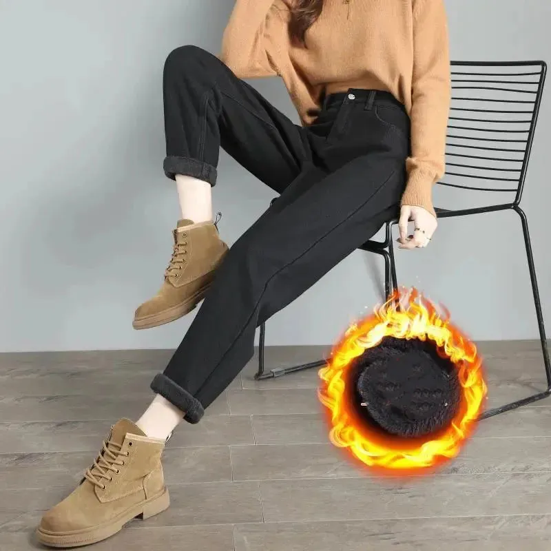Winter Plush Baggy Ankle-length Jeans Velvet Lined High Waist Harem Denim Pants Vaqueros Pantalones Warm Thick Women Jeansy