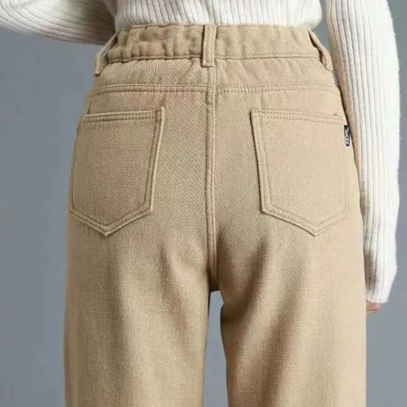 Winter Plush Baggy Ankle-length Jeans Velvet Lined High Waist Harem Denim Pants Vaqueros Pantalones Warm Thick Women Jeansy